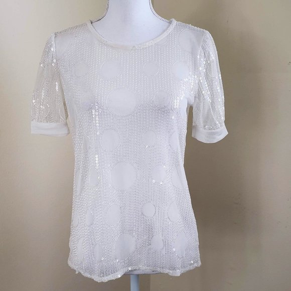 Eva Franco Russian Gia Sequin Short Sleeve Top White Size XS - Picture 6 of 15